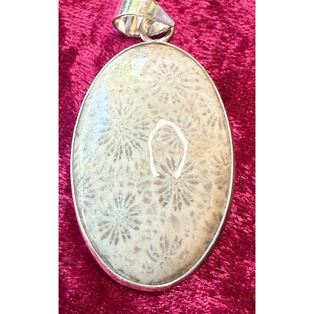 Fossilized Coral & Sterling Silver Oval Pendant 925 Marked Polished Finish 2 Inc